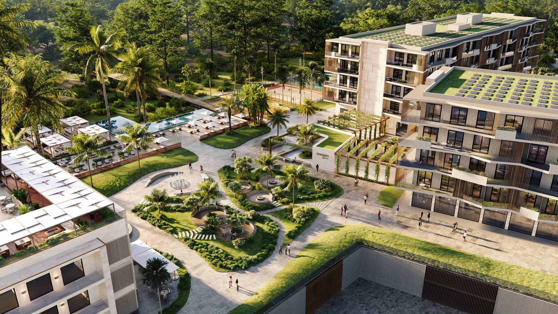 The Grove plaza with playground area, tropical landscaping and modern architecture at Dorado Grove