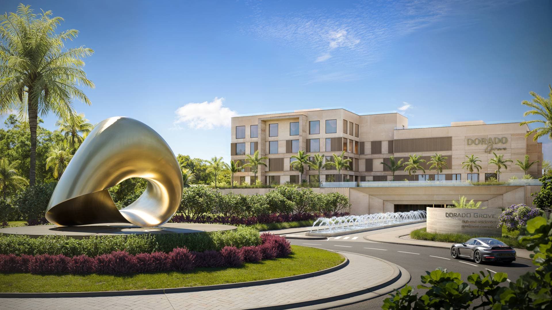 Dorado Grove luxury coastal development with sculptural entrance and modern architecture